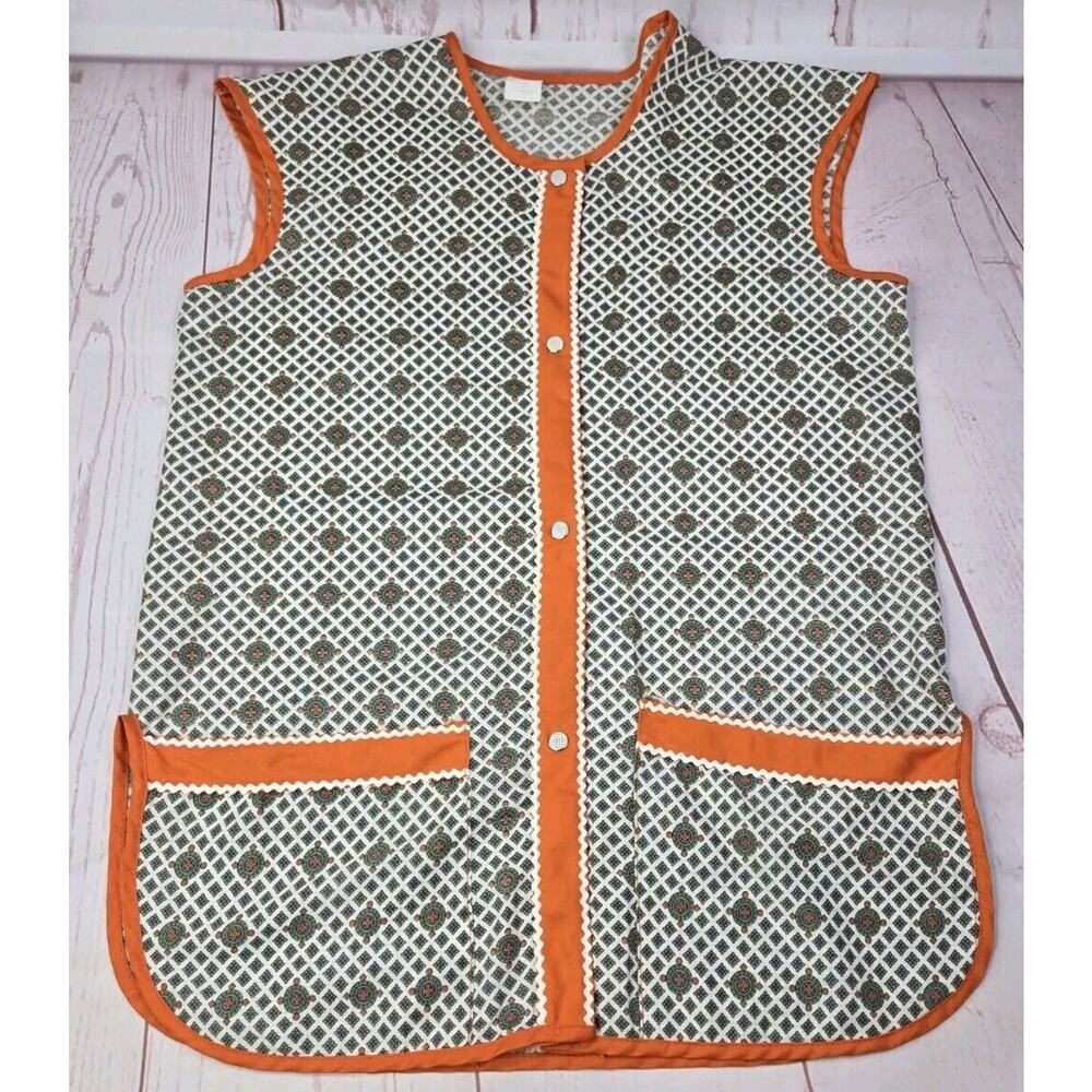 Vintage House Smock Apron Snap Up Size Small Pockets Orange Paisley 1970s